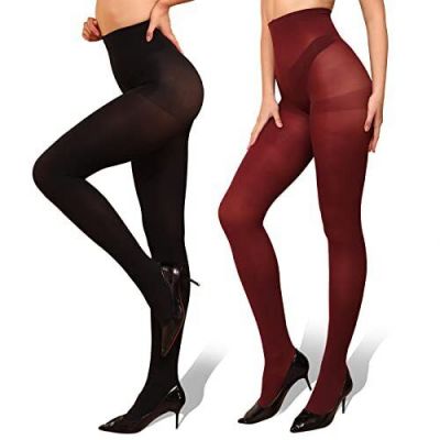 2 Pairs Pantyhose Opaque Tights 70D Resistant Control Top?Black+Wine redLarge